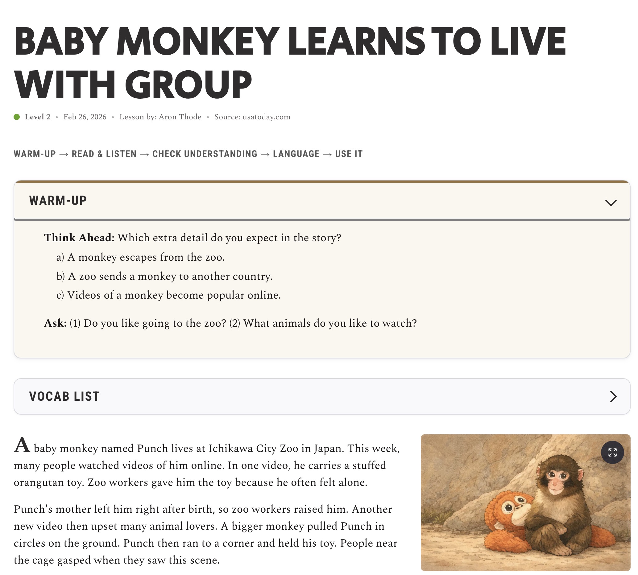 Top of the Baby Monkey Learns to Live With Group lesson showing the title, level, warm-up, article text, and image.