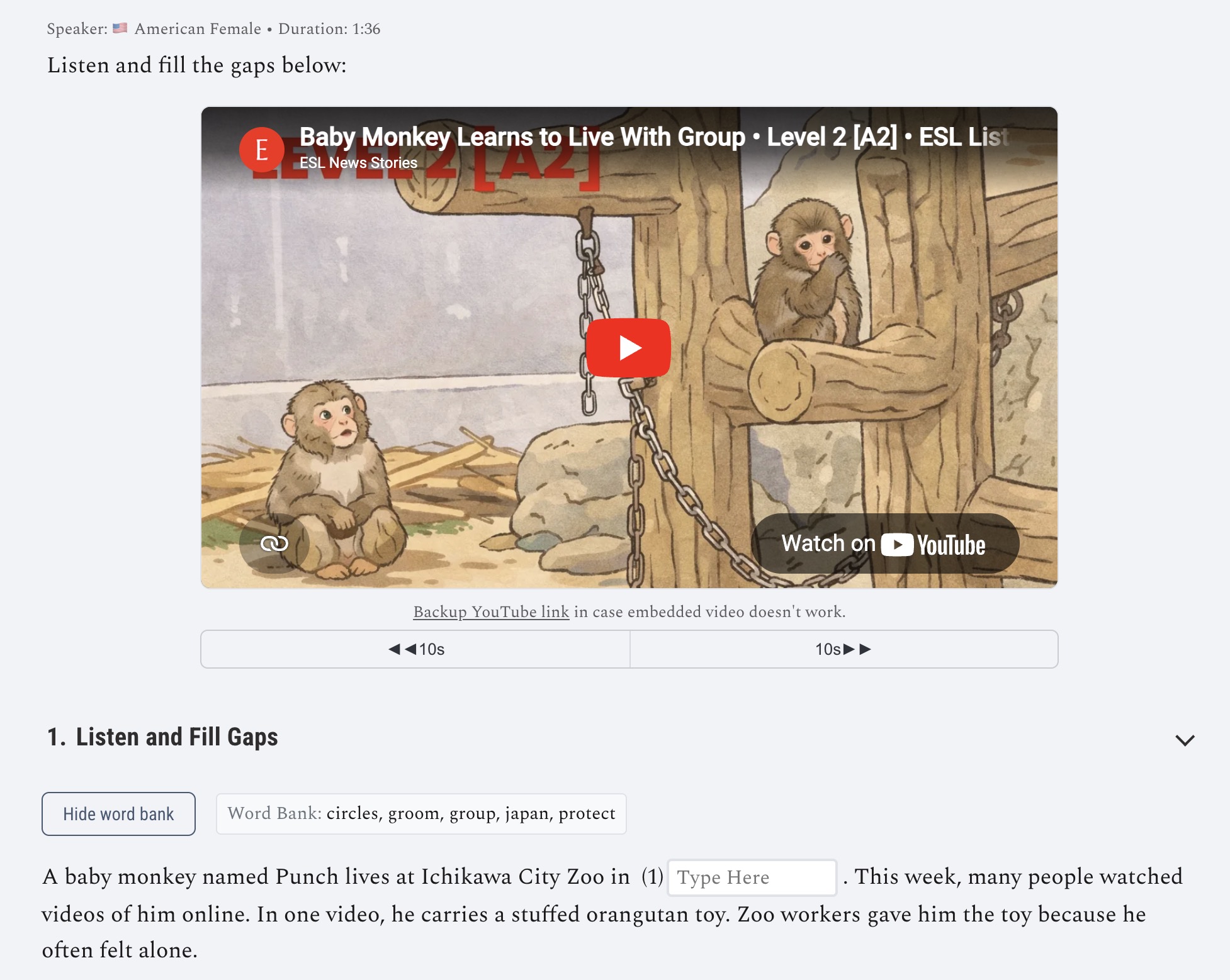 The Baby Monkey Learns to Live With Group lesson showing the audio player and gap-fill listening task.