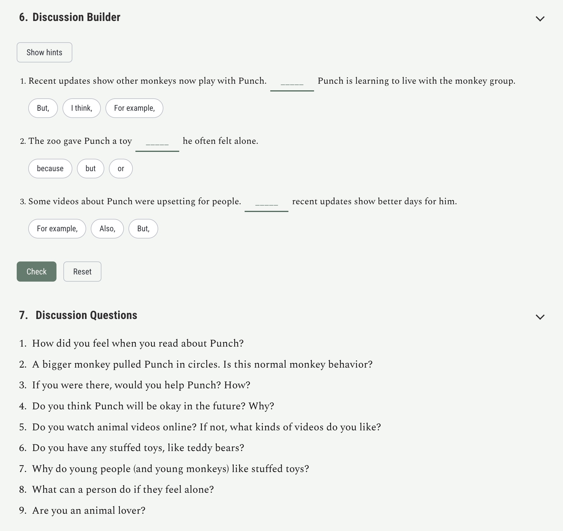 The Baby Monkey Learns to Live With Group lesson showing the discussion builder and discussion questions sections.