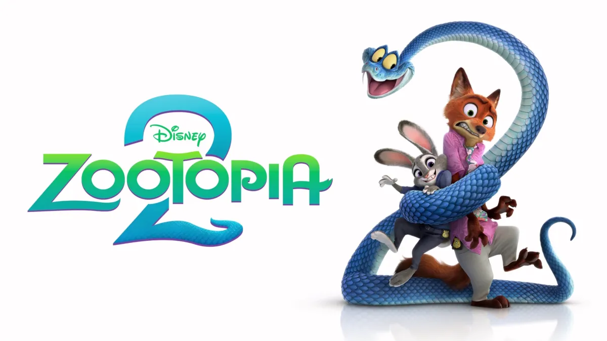 Poster art for Zootopia 2 featuring the main characters and a snake shaped like the number two.